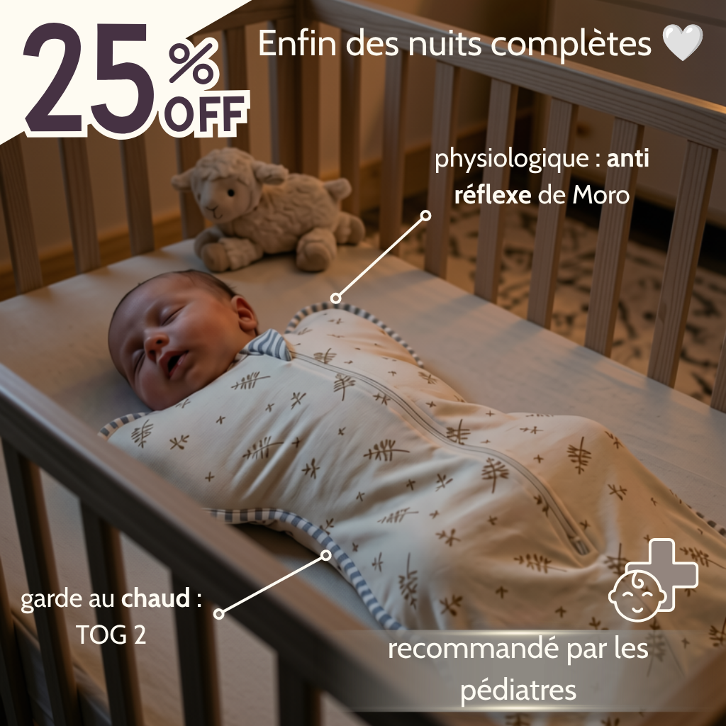 Bébé endormi dans une emmailloteuse chaude dans son lit. Recommandé par les pédiatres en bas
